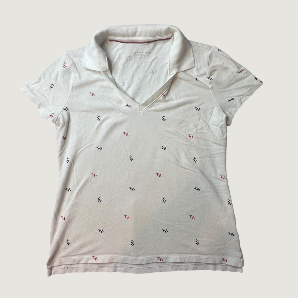 Tommy Hilfiger Polo Shirt Womens M White Monogram Short Sleeve Pique Embroidered